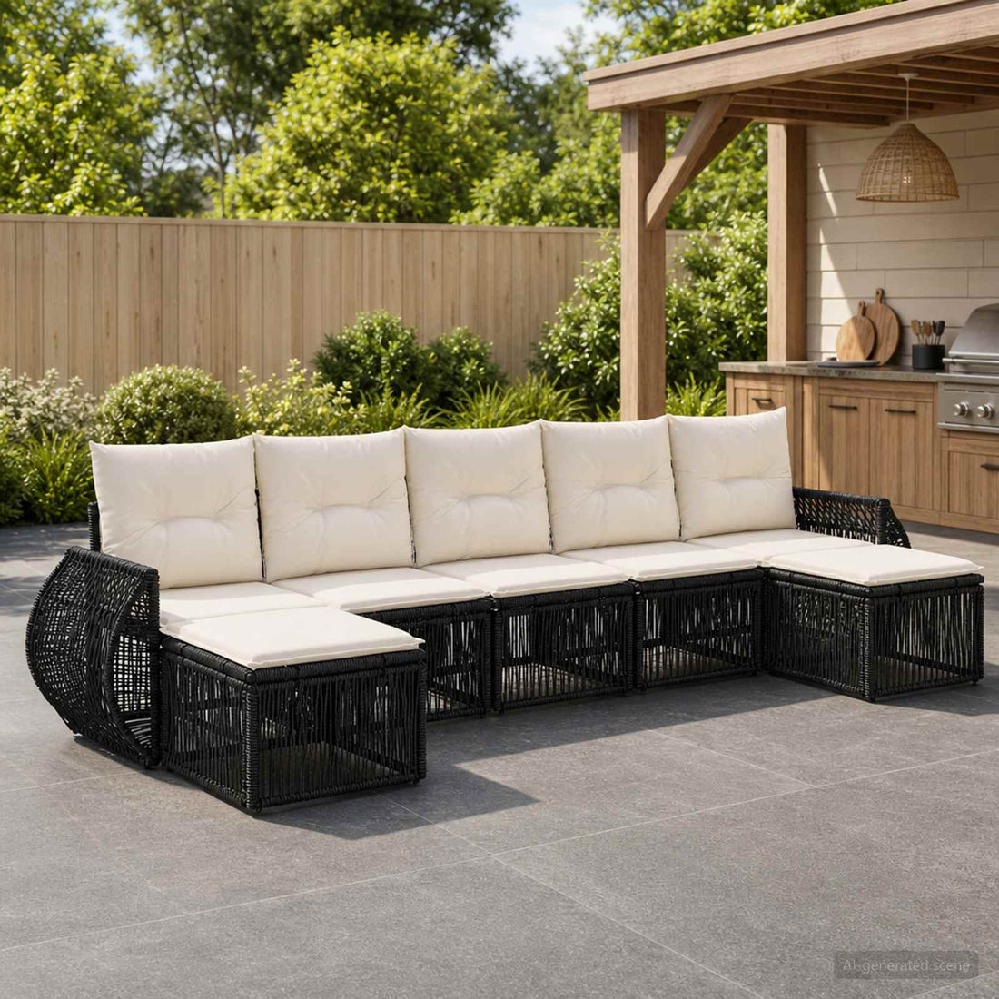 vidaXL Conjunto de sofás de jardín 7 uds. Negro y Blanco Crema