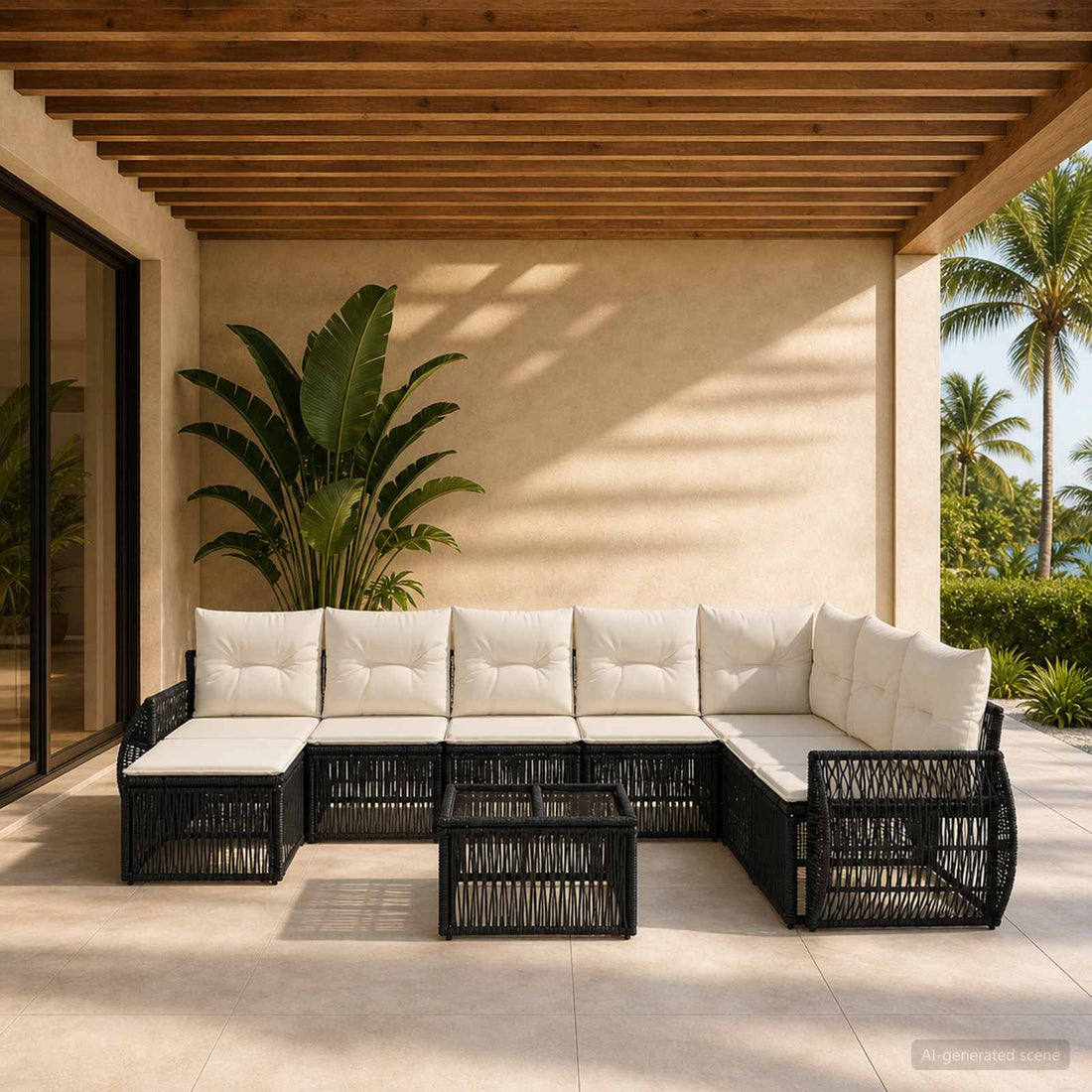 vidaXL Conjunto de sofás de jardín 9 uds. Negro y Blanco Crema