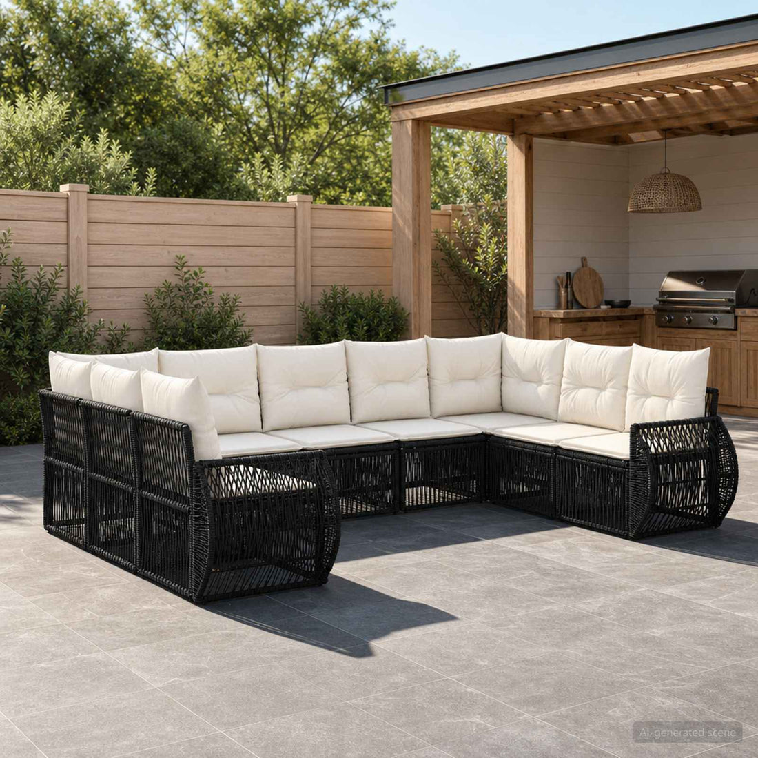 vidaXL Conjunto de sofás de jardín 9 uds. Negro y Blanco Crema