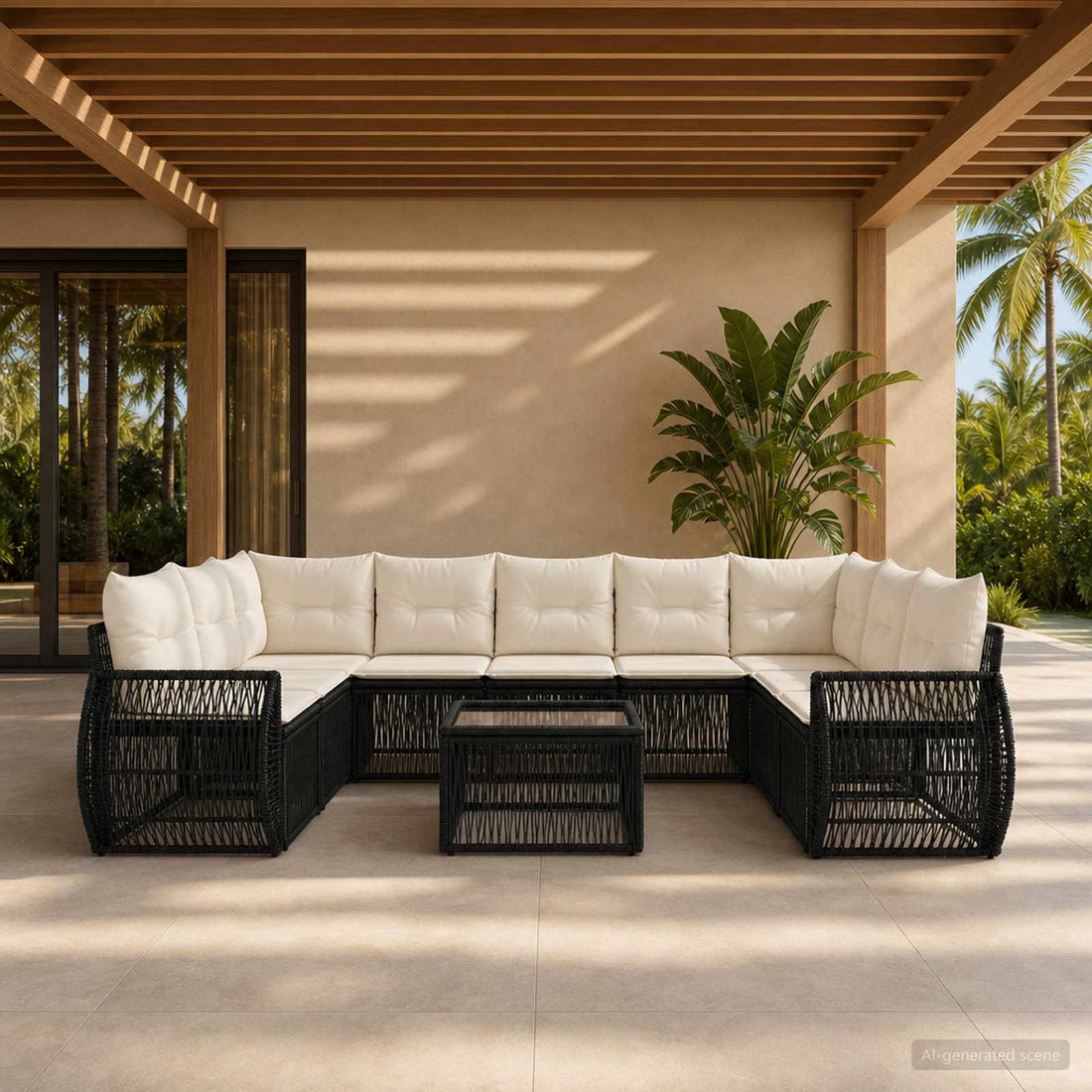 vidaXL Conjunto de sofás de jardín 10 uds. Negro y Blanco Crema