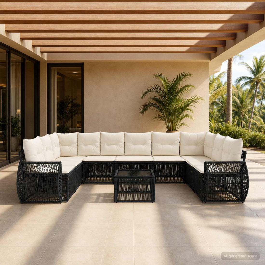 vidaXL Conjunto de sofás de jardín 11 uds. Negro y Blanco Crema