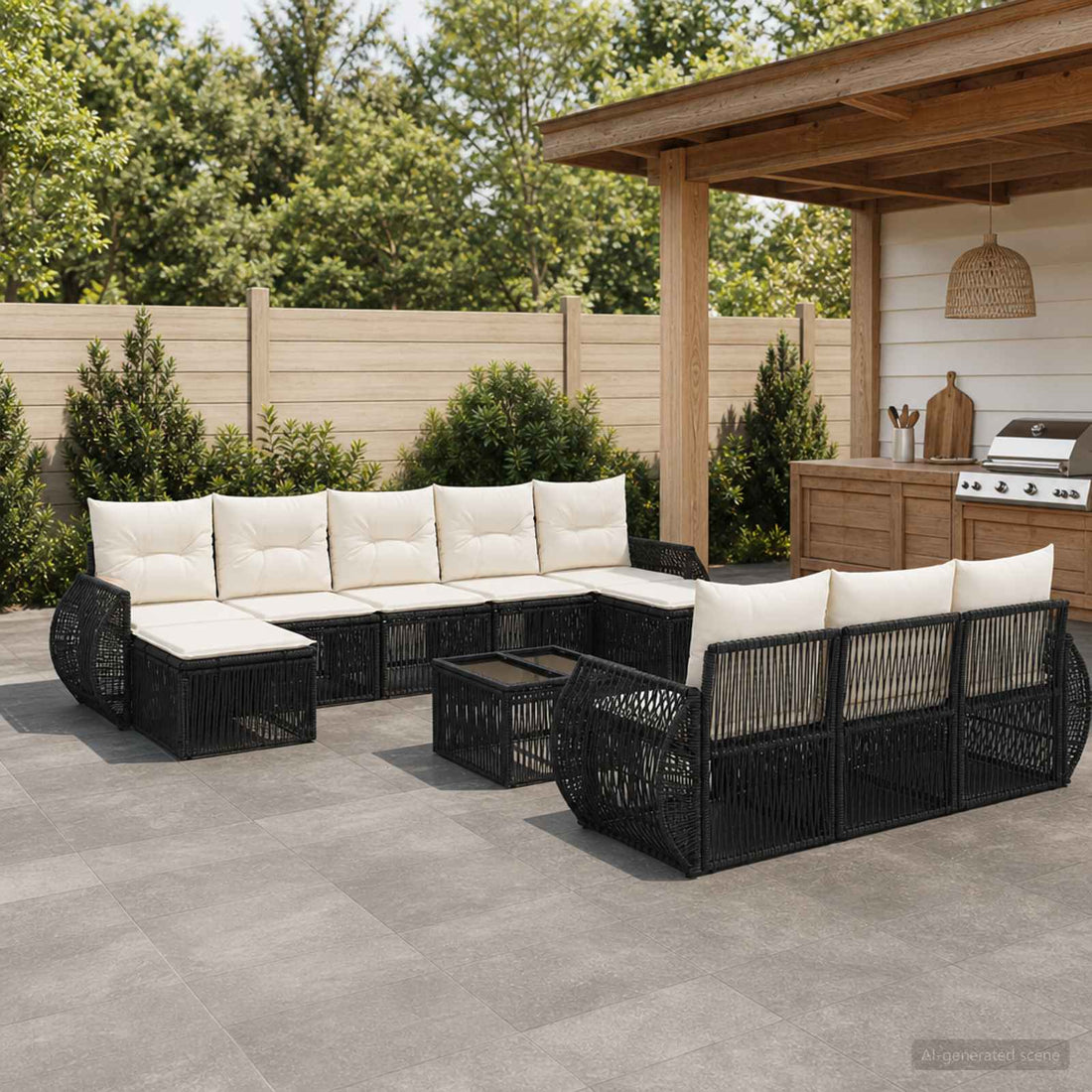 vidaXL Conjunto de sofás de jardín 11 uds. Negro y Blanco Crema