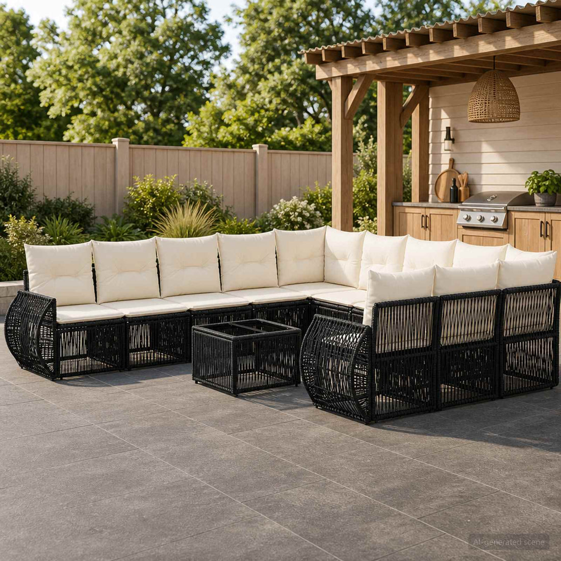 vidaXL Conjunto de sofás de jardín 12 uds. Negro y Blanco Crema