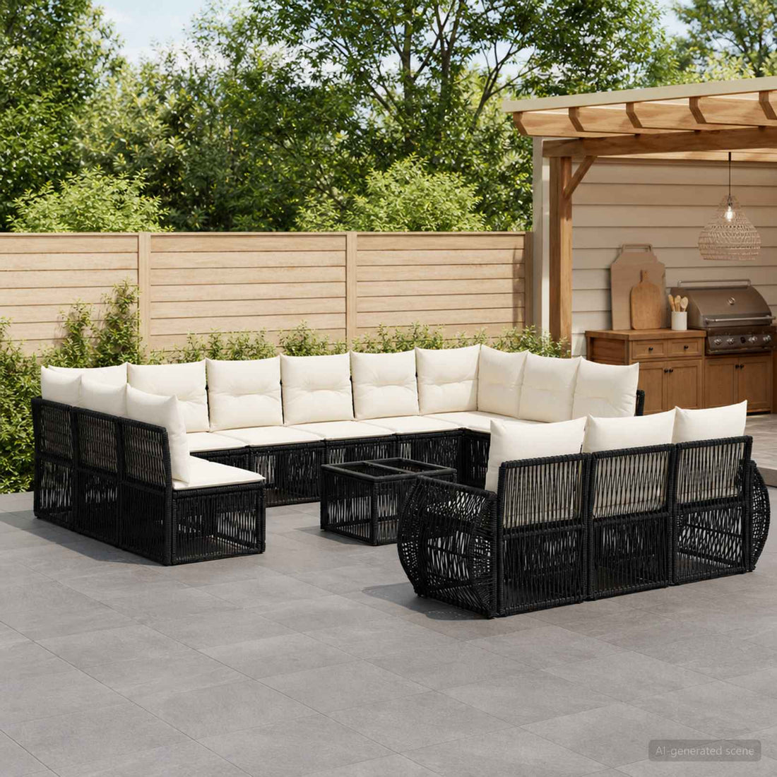 vidaXL Conjunto de sofás de jardín 14 uds. Negro y Blanco Crema