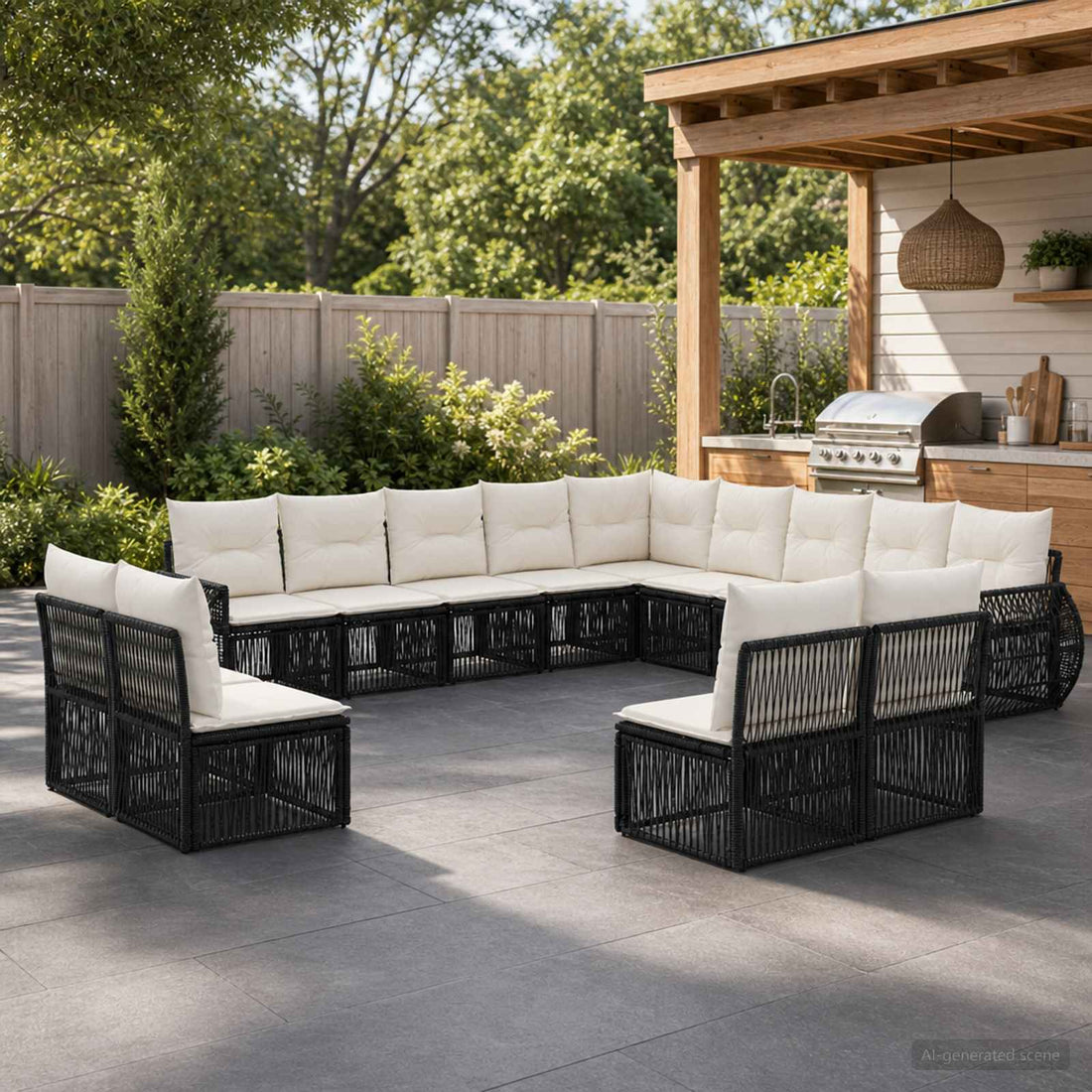 vidaXL Conjunto de sofás de jardín 13 uds. Negro y Blanco Crema