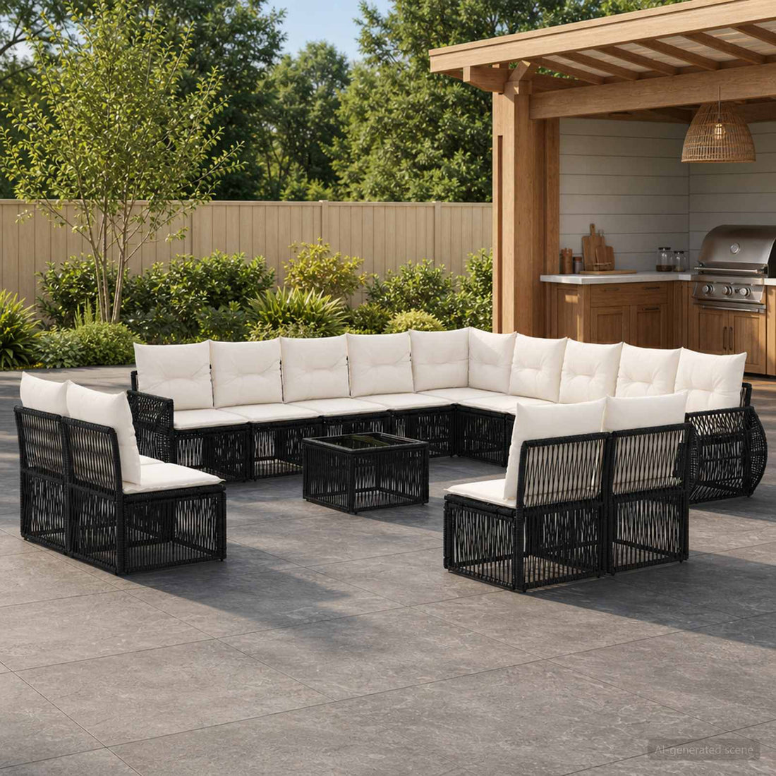 vidaXL Conjunto de sofás de jardín 14 uds. Negro y Blanco Crema