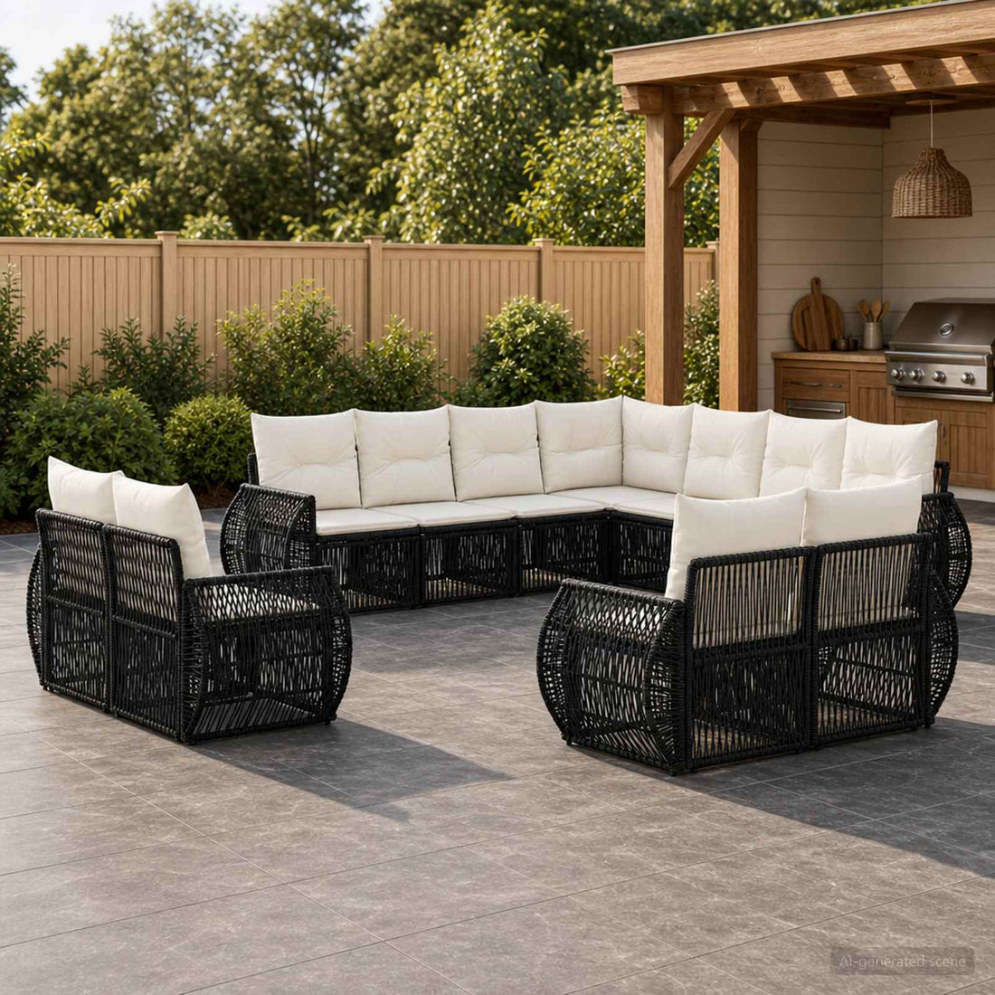 vidaXL Conjunto de sofás de jardín 11 uds. Negro y Blanco Crema