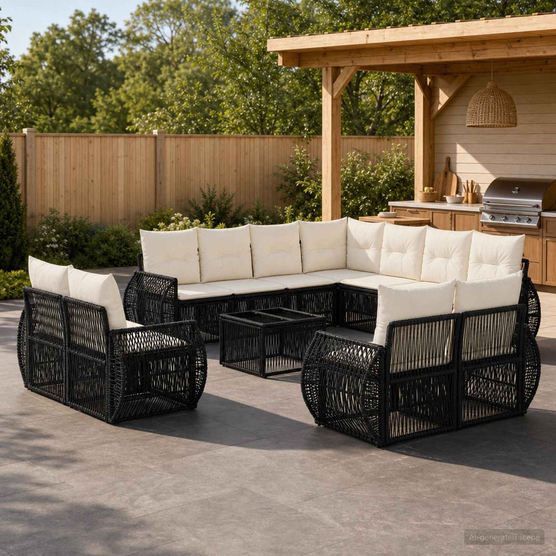 vidaXL Conjunto de sofás de jardín 12 uds. Negro y Blanco Crema