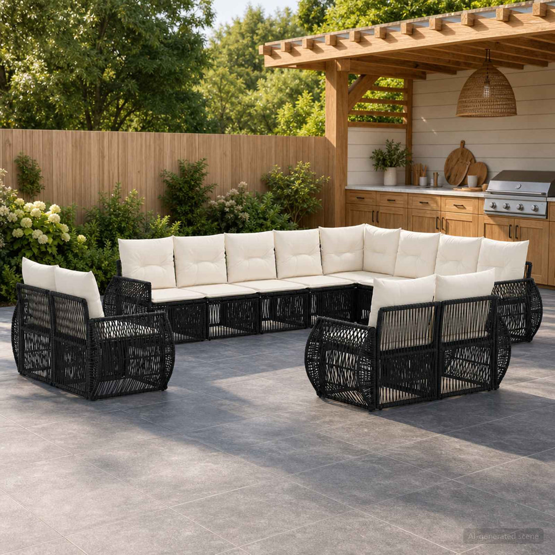 vidaXL Conjunto de sofás de jardín 12 uds. Negro y Blanco Crema