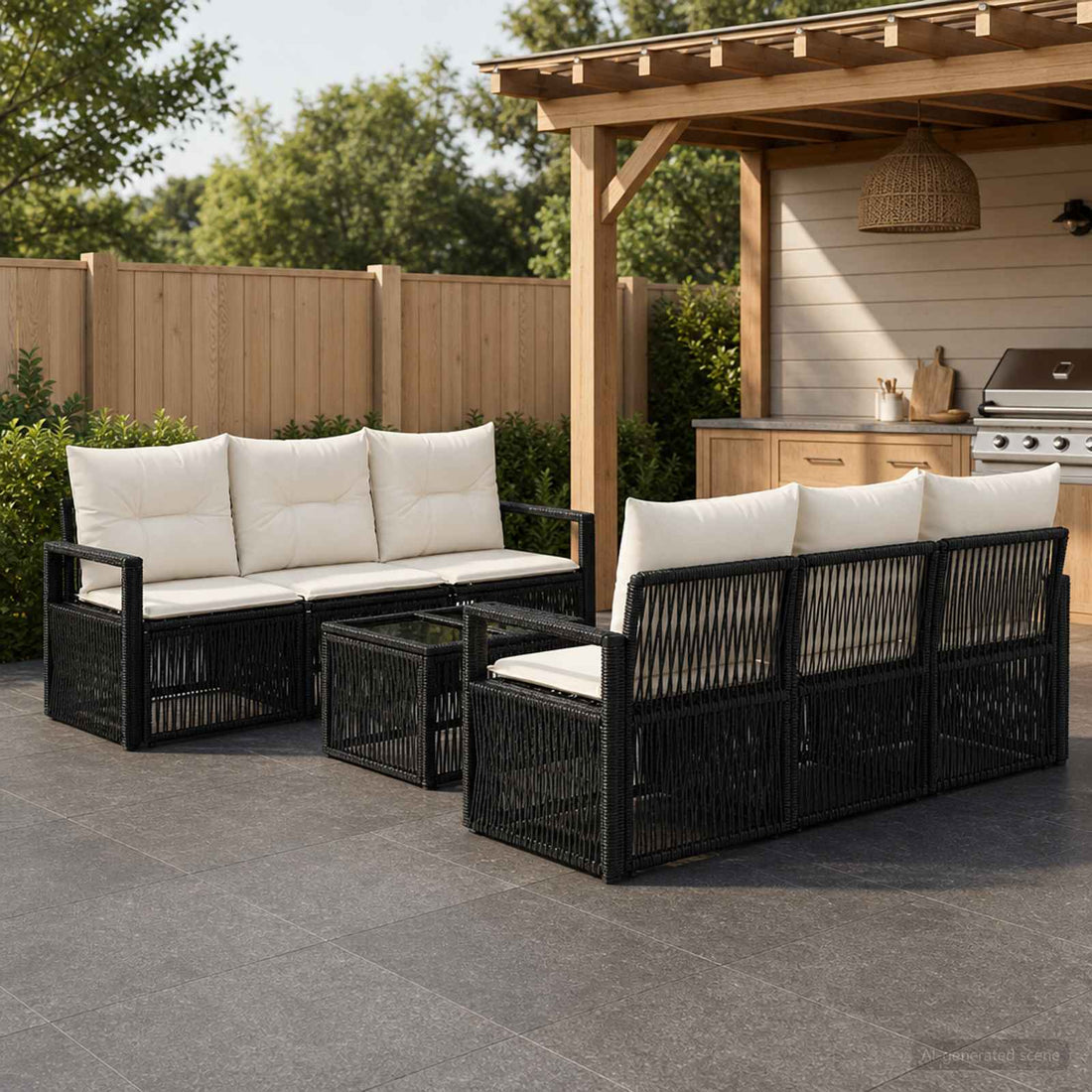 vidaXL Conjunto de sofás de jardín 7 uds. Negro ratán sintético