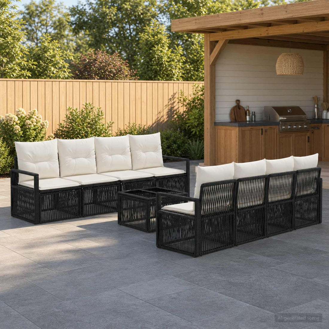 vidaXL Conjunto de sofás de jardín 9 uds. Negro ratán sintético