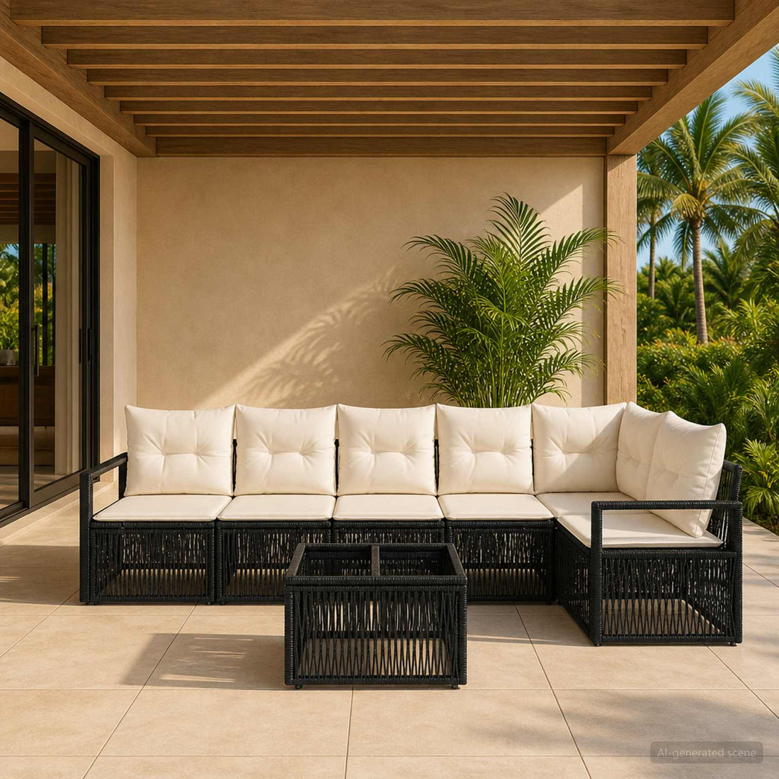 vidaXL Conjunto de sofás de jardín 7 uds. Negro ratán sintético