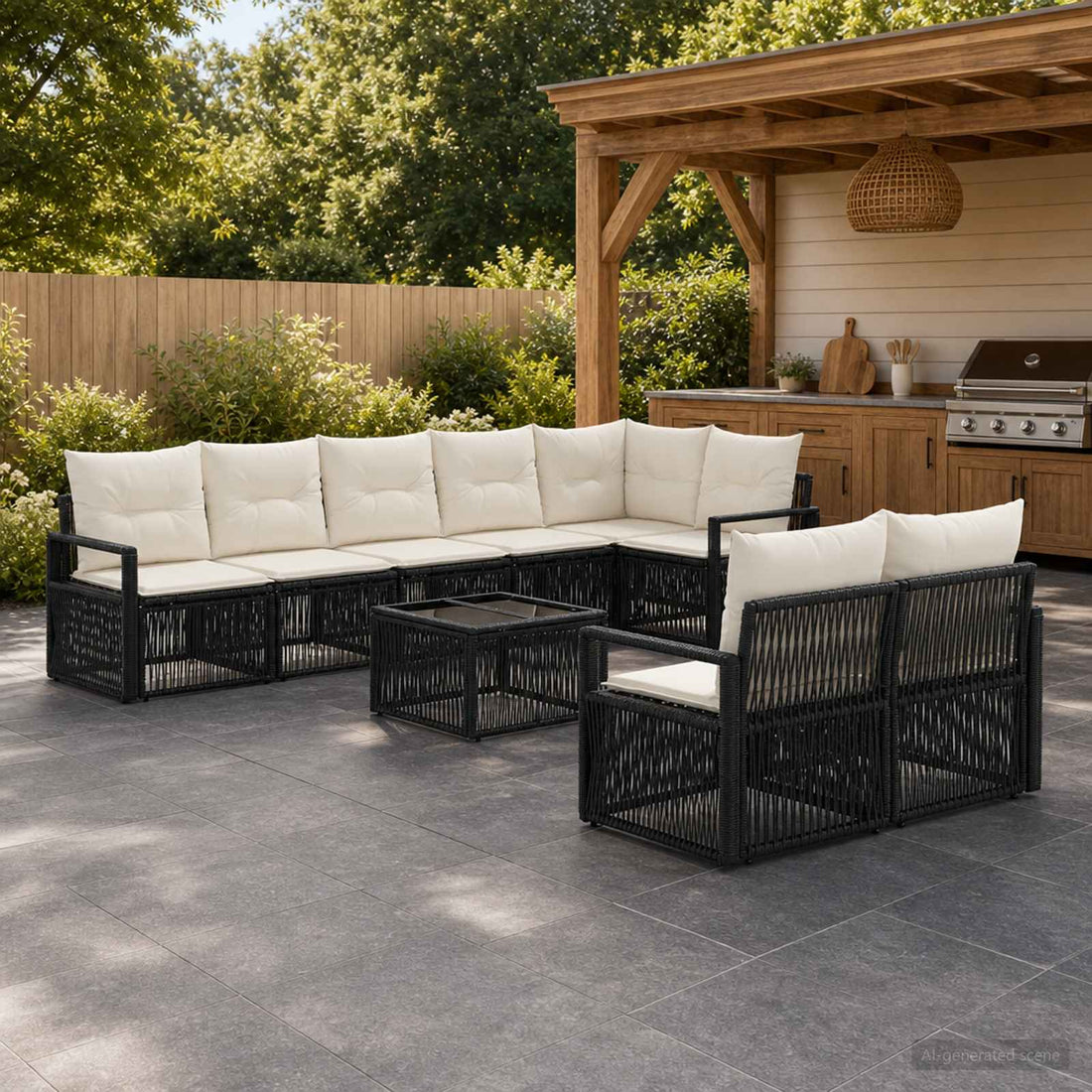 vidaXL Conjunto de sofás de jardín 9 uds. Negro ratán sintético