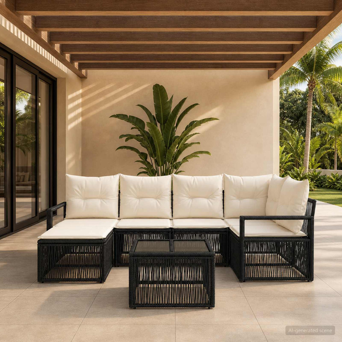 vidaXL Conjunto de sofás de jardín 7 uds. Negro ratán sintético