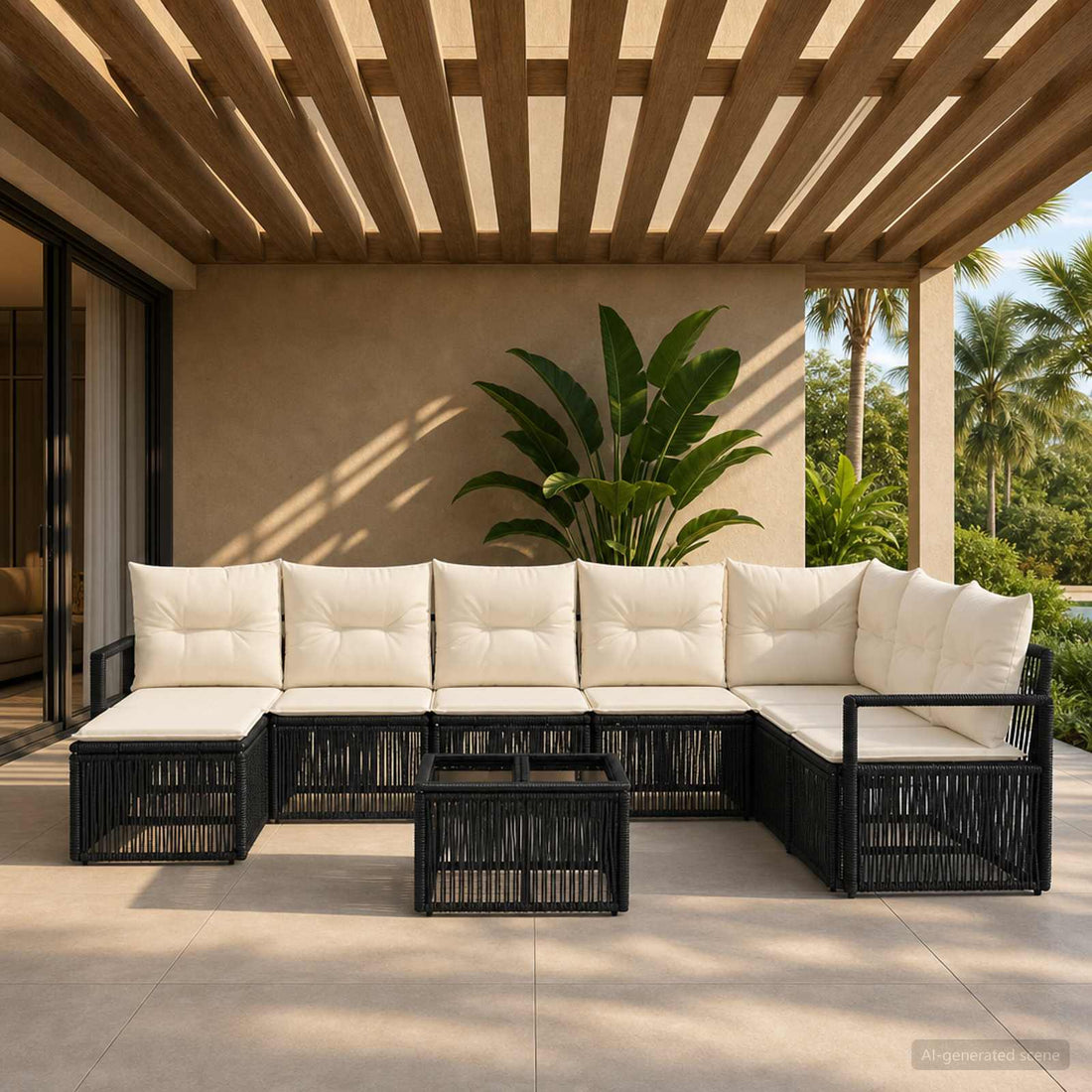 vidaXL Conjunto de sofás de jardín 9 uds. Negro ratán sintético
