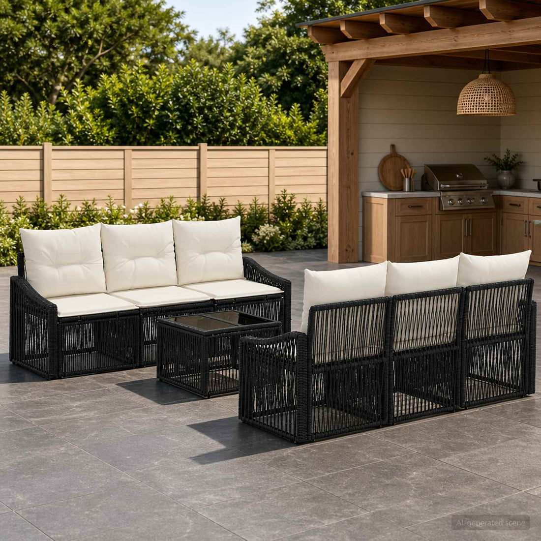 vidaXL Conjunto de sofás de jardín 7 uds. Negro ratán sintético