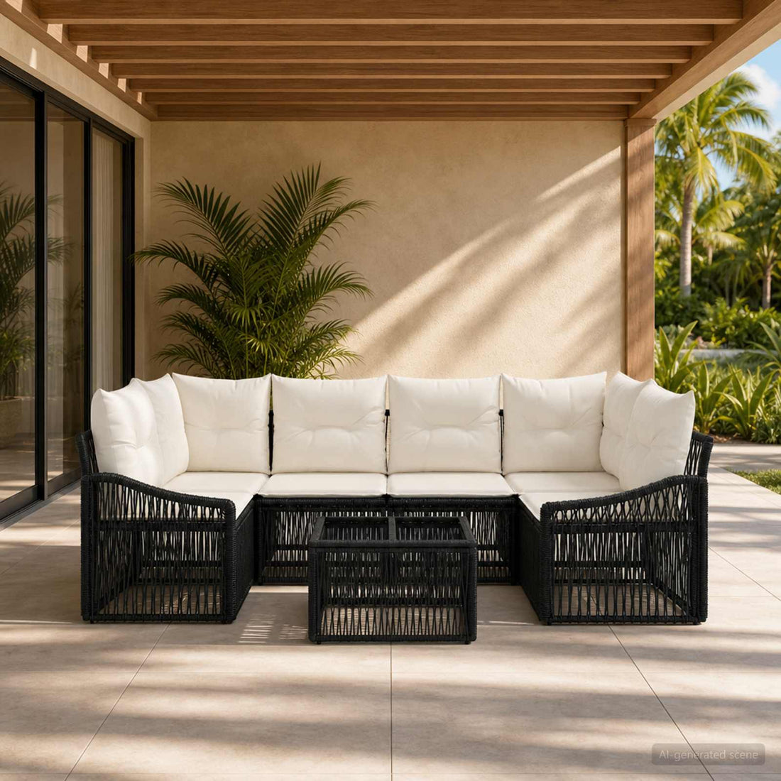 vidaXL Conjunto de sofás de jardín 7 uds. Negro ratán sintético
