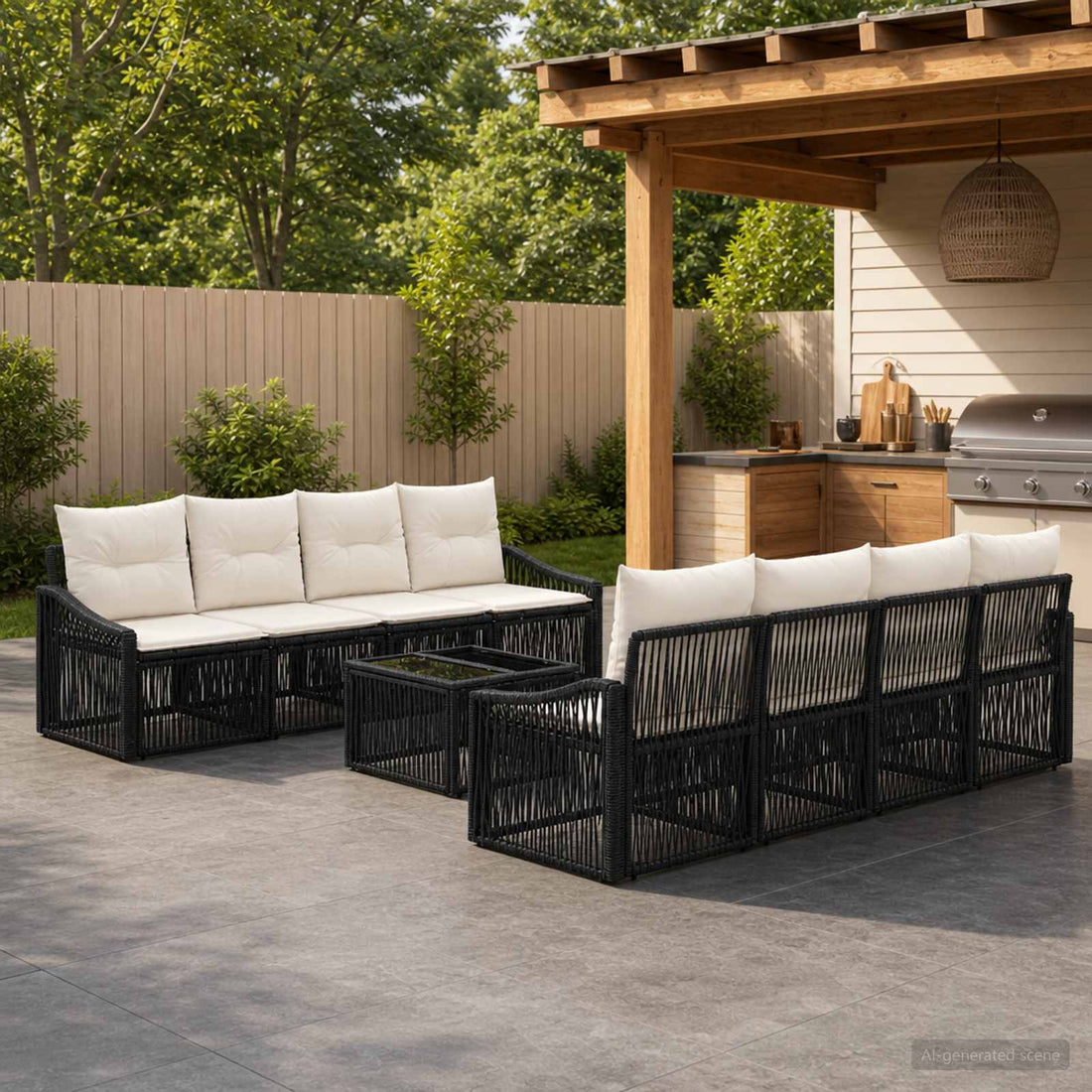vidaXL Conjunto de sofás de jardín 9 uds. Negro ratán sintético