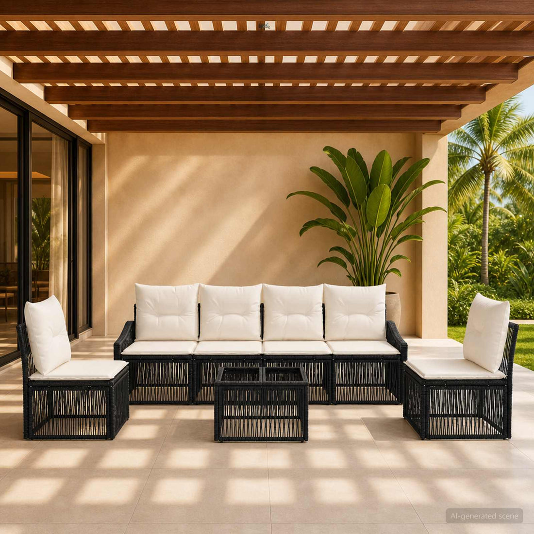 vidaXL Conjunto de sofás de jardín 7 uds. Negro ratán sintético