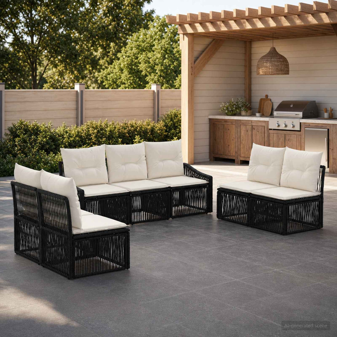 vidaXL Conjunto de sofás de jardín 7 uds. Negro ratán sintético