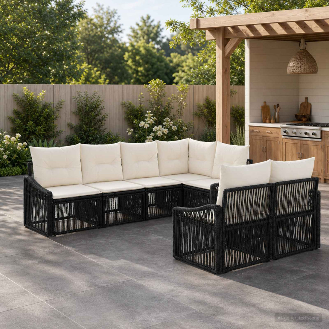 vidaXL Conjunto de sofás de jardín 7 uds. 7-Número de plazas Negro
