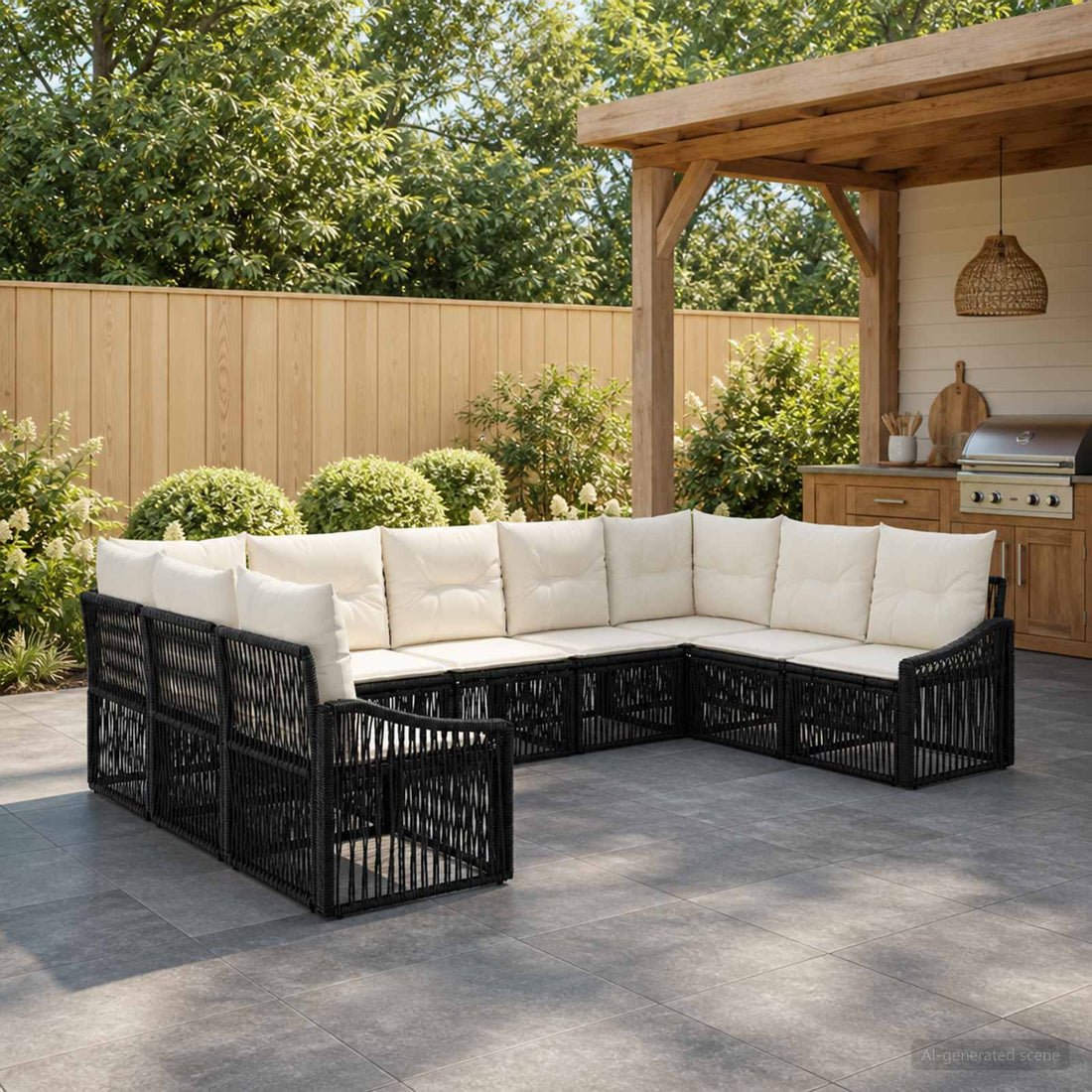 vidaXL Conjunto de sofás de jardín 9 uds. Negro ratán sintético