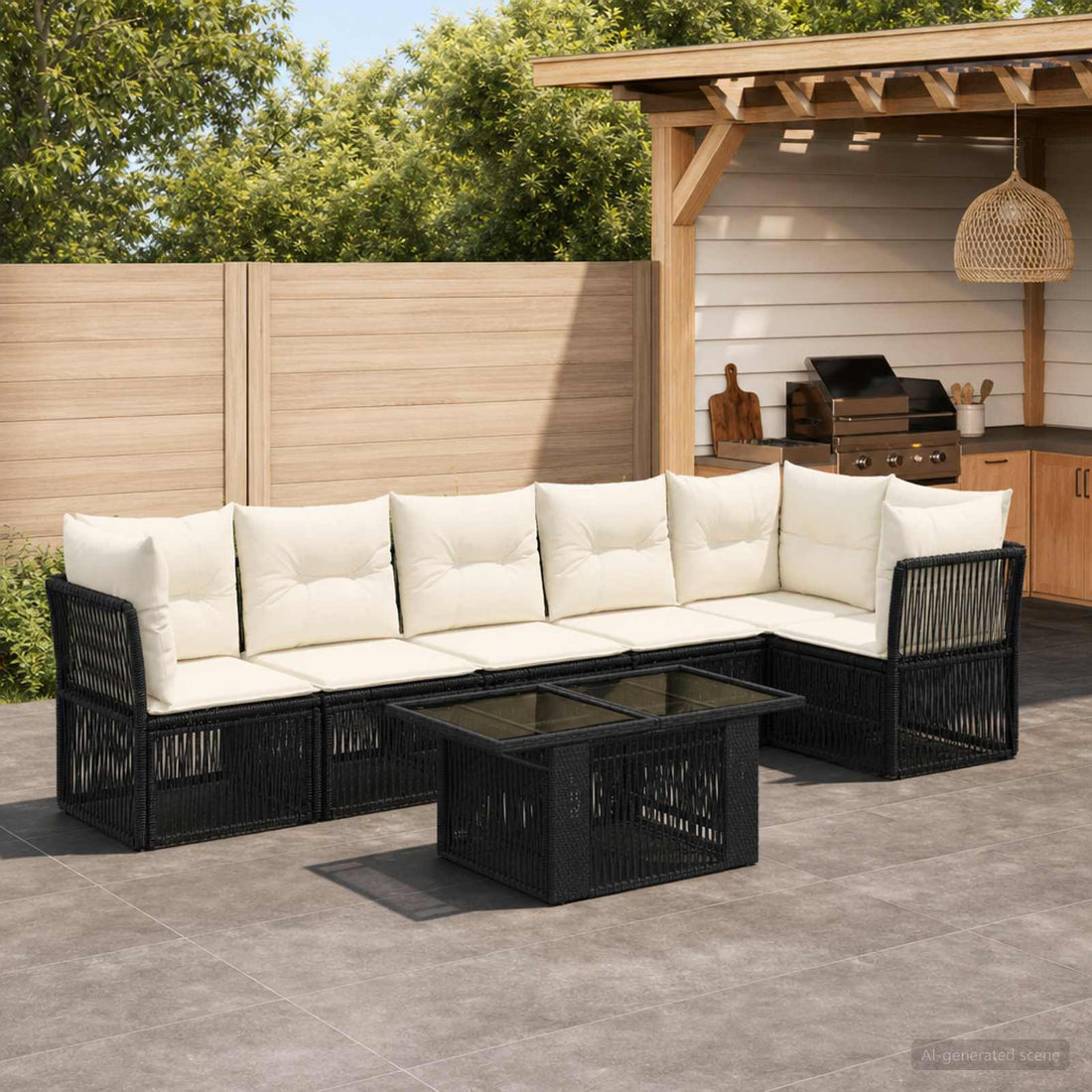 vidaXL Conjunto de sofás de jardín 7 uds. Negro ratán sintético