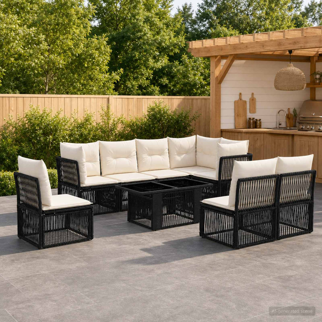 vidaXL Conjunto de sofás de jardín 9 uds. Negro ratán sintético