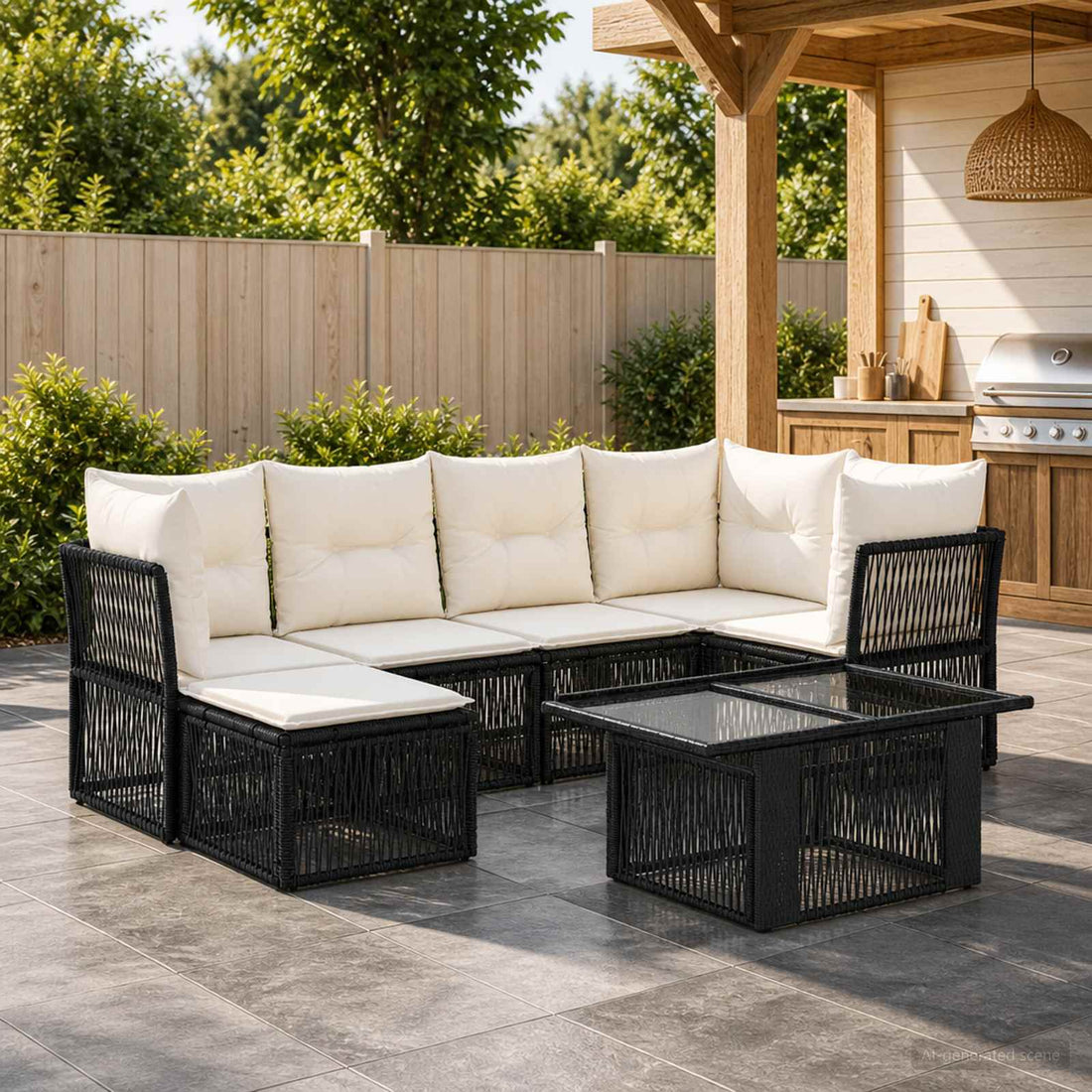 vidaXL Conjunto de sofás de jardín 7 uds. Negro ratán sintético