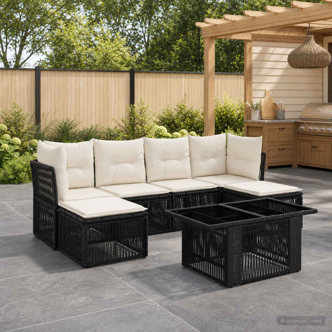 vidaXL Conjunto de sofás de jardín 7 uds. Negro ratán sintético