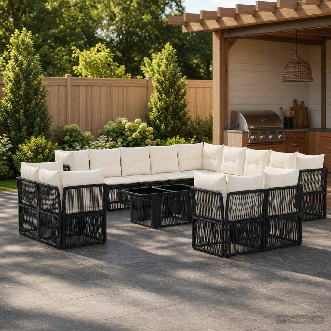 vidaXL Conjunto de sofás de jardín 14 uds. Negro ratán sintético