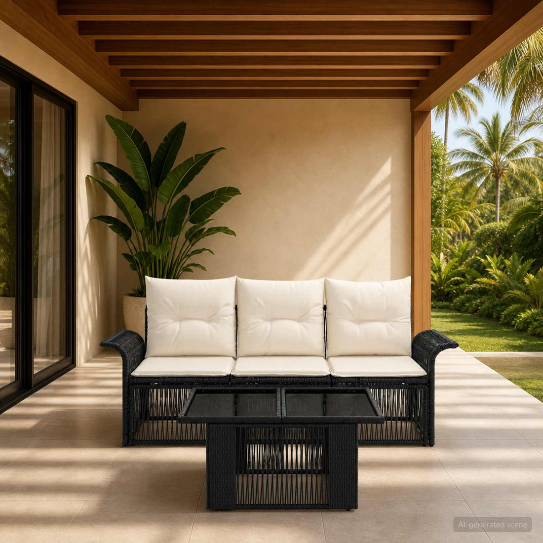 vidaXL Conjunto de sofás de jardín 4 uds. Negro y Blanco Crema