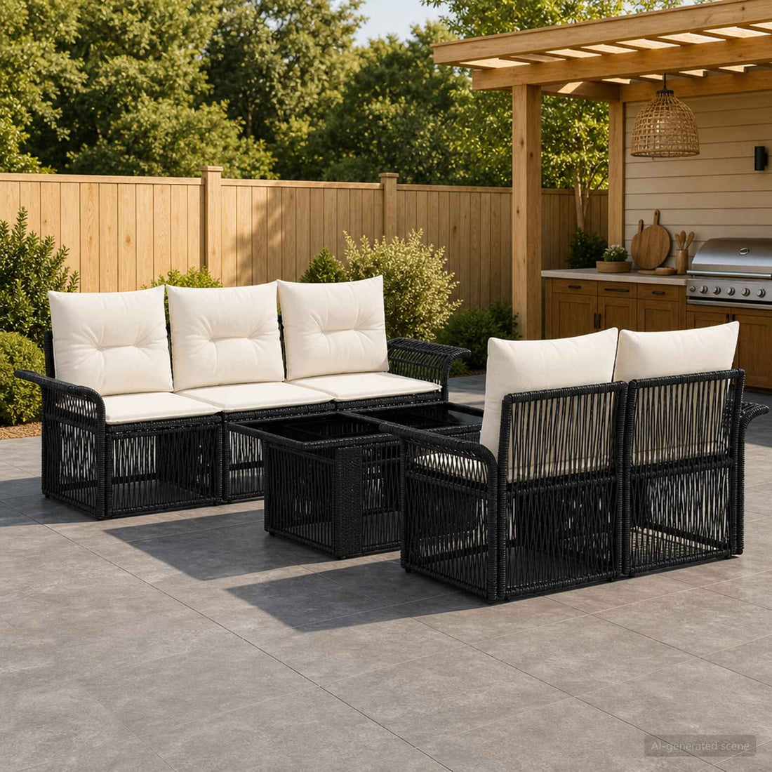 vidaXL Conjunto de sofás de jardín 6 uds. Negro y Blanco Crema