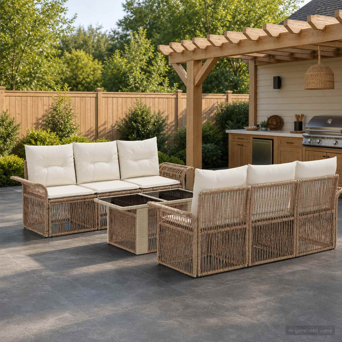 vidaXL Conjunto de sofás de jardín 7 uds. Beige y blanco crema