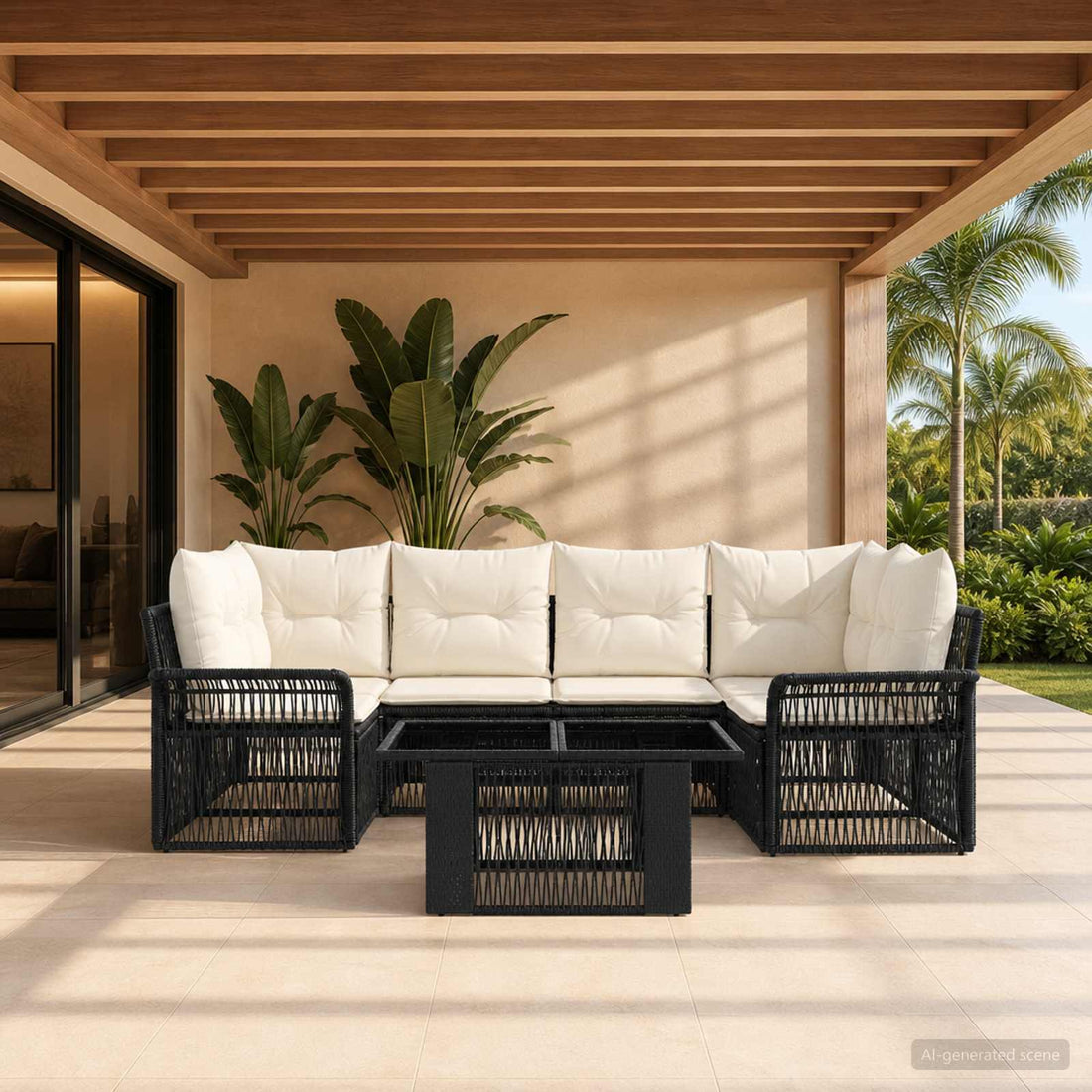 vidaXL Conjunto de sofás de jardín 7 uds. Negro y Blanco Crema