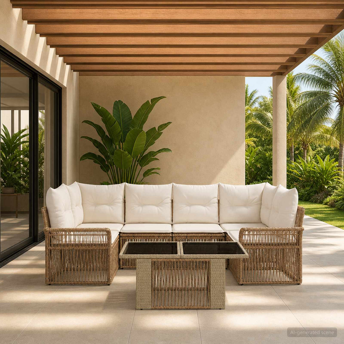 vidaXL Conjunto de sofás de jardín 7 uds. Beige y blanco crema