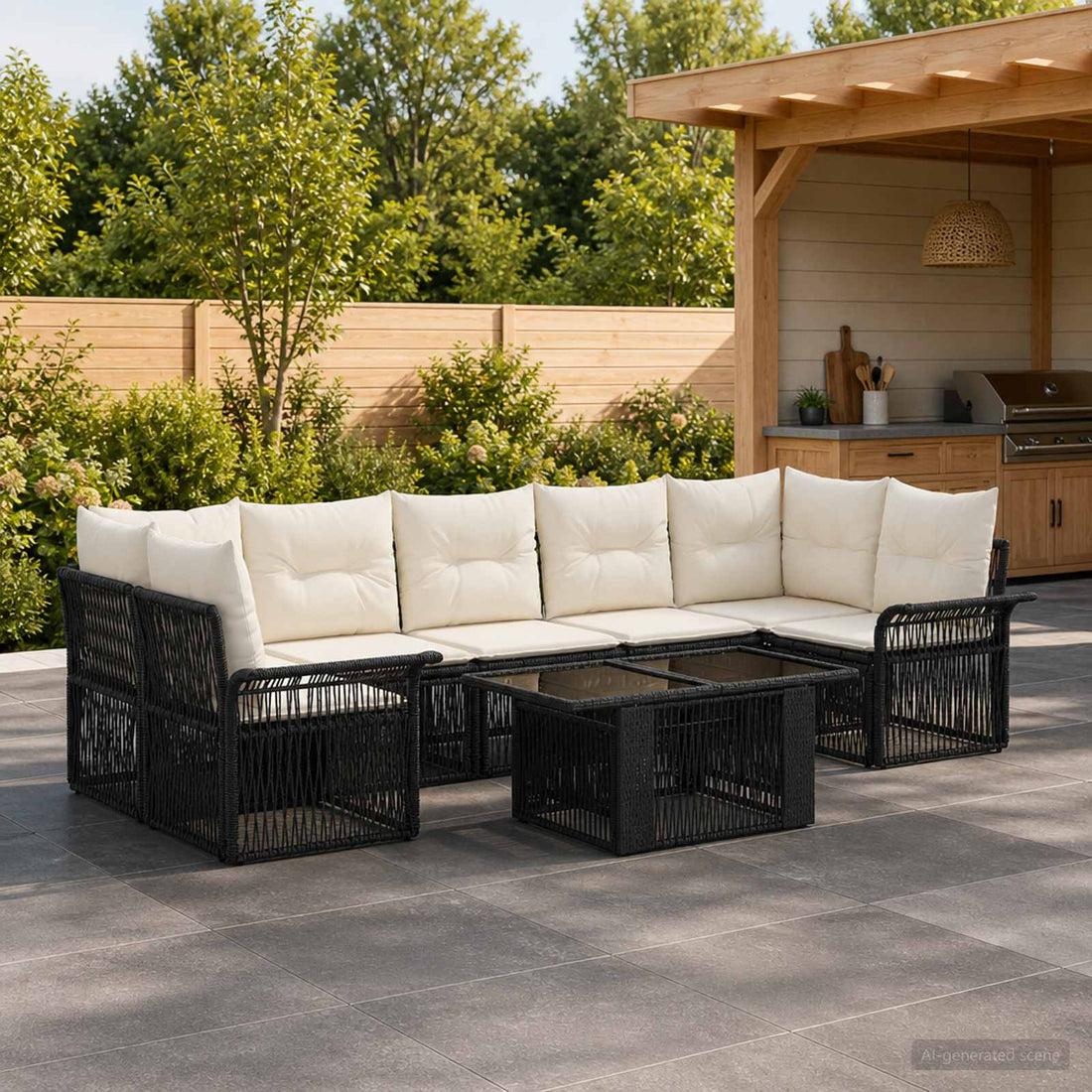 vidaXL Conjunto de sofás de jardín 8 uds. Negro y Blanco Crema