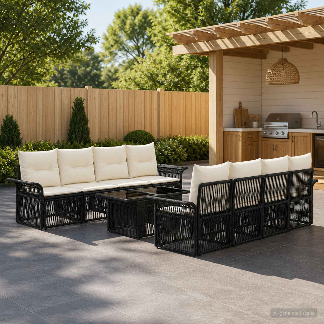 vidaXL Conjunto de sofás de jardín 9 uds. Negro y Blanco Crema