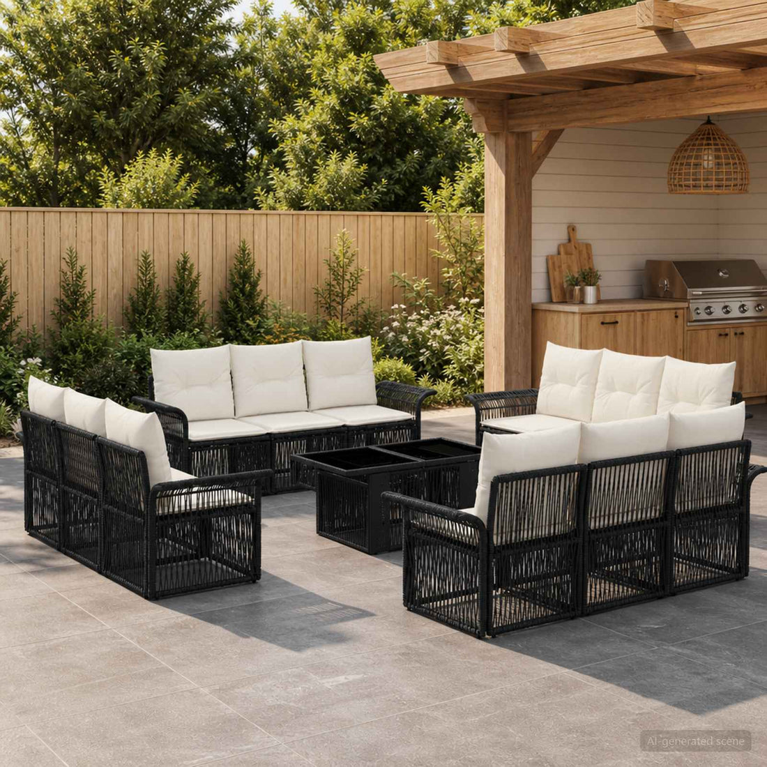 vidaXL Conjunto de sofás de jardín 13 uds. Negro y Blanco Crema