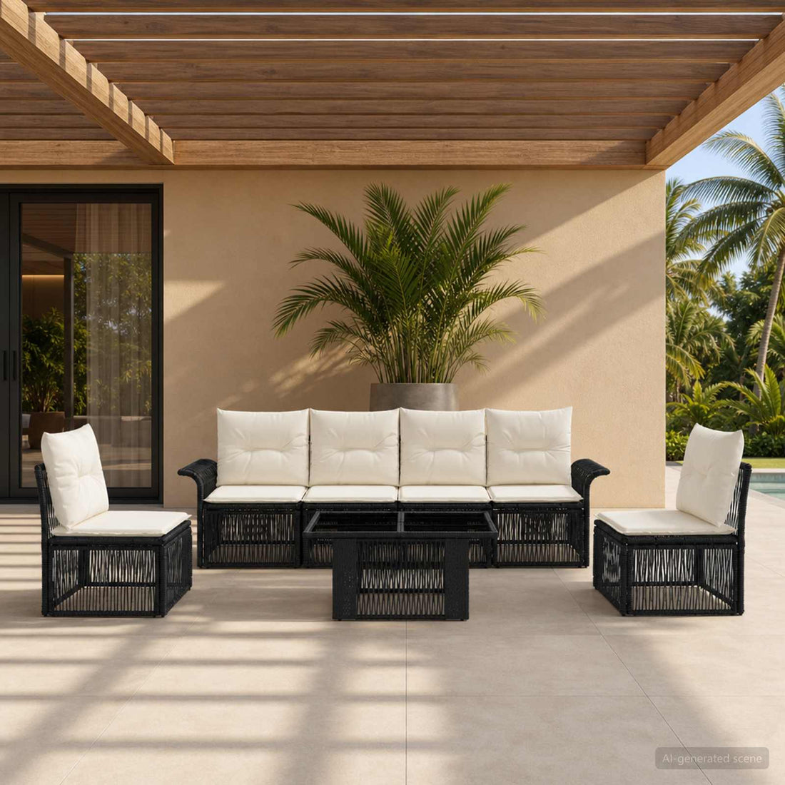 vidaXL Conjunto de sofás de jardín 7 uds. Negro y Blanco Crema