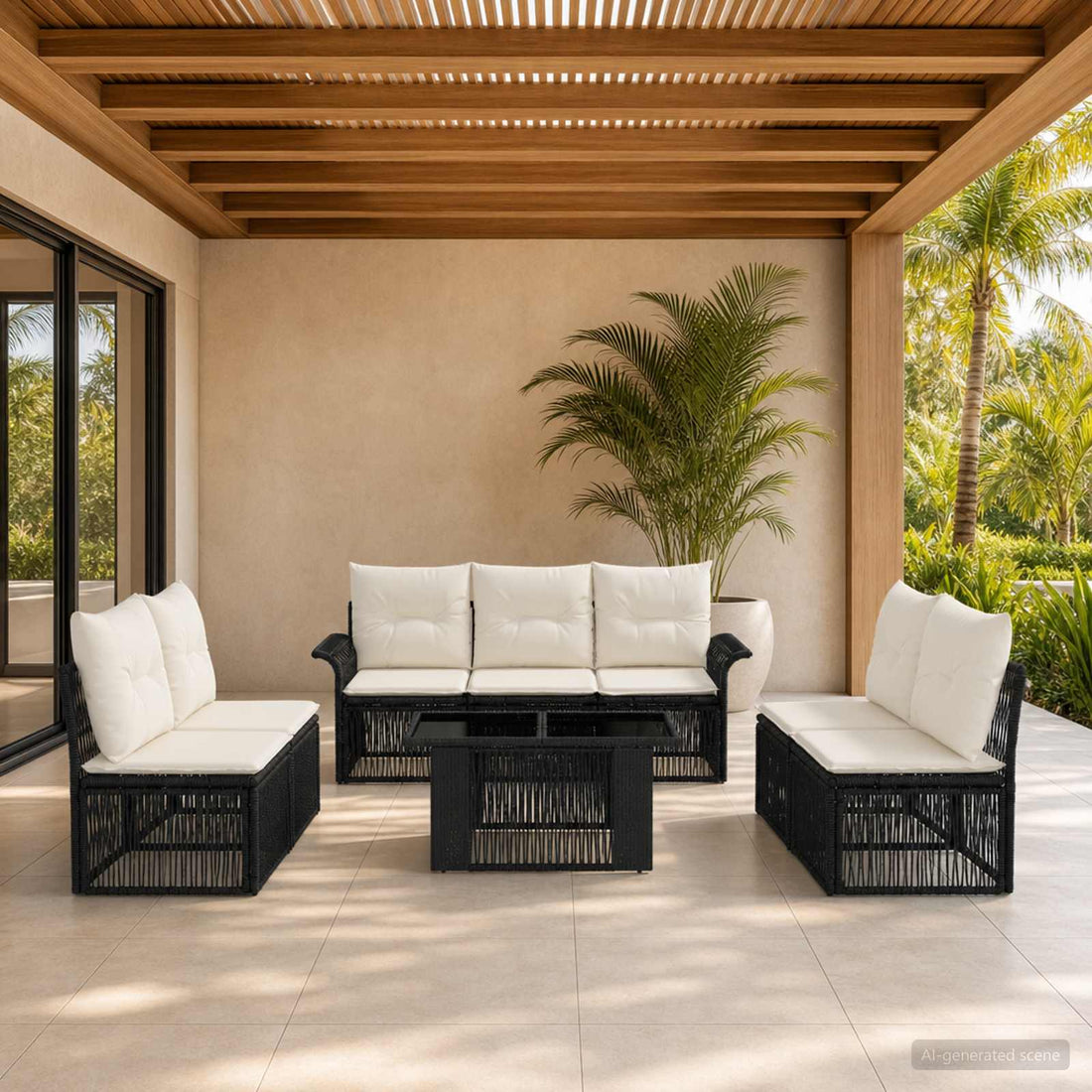 vidaXL Conjunto de sofás de jardín 8 uds. Negro y Blanco Crema