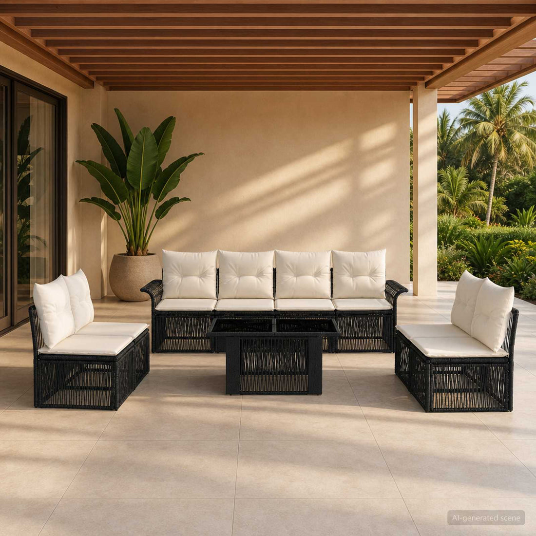 vidaXL Conjunto de sofás de jardín 9 uds. Negro y Blanco Crema