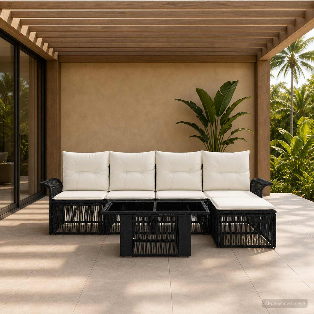 vidaXL Conjunto de sofás de jardín 6 uds. Negro y Blanco Crema