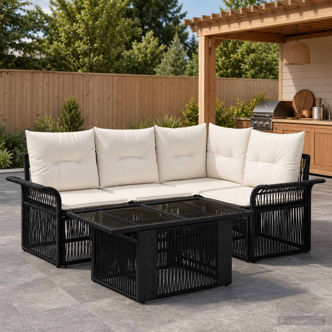 vidaXL Conjunto de sofás de jardín 5 uds. Negro y Blanco Crema