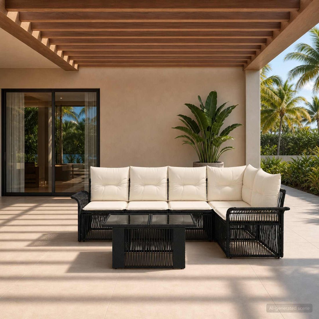 vidaXL Conjunto de sofás de jardín 6 uds. Negro y Blanco Crema