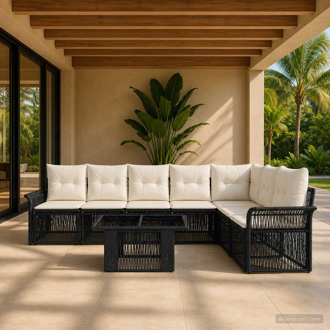 vidaXL Conjunto de sofás de jardín 8 uds. Negro y Blanco Crema