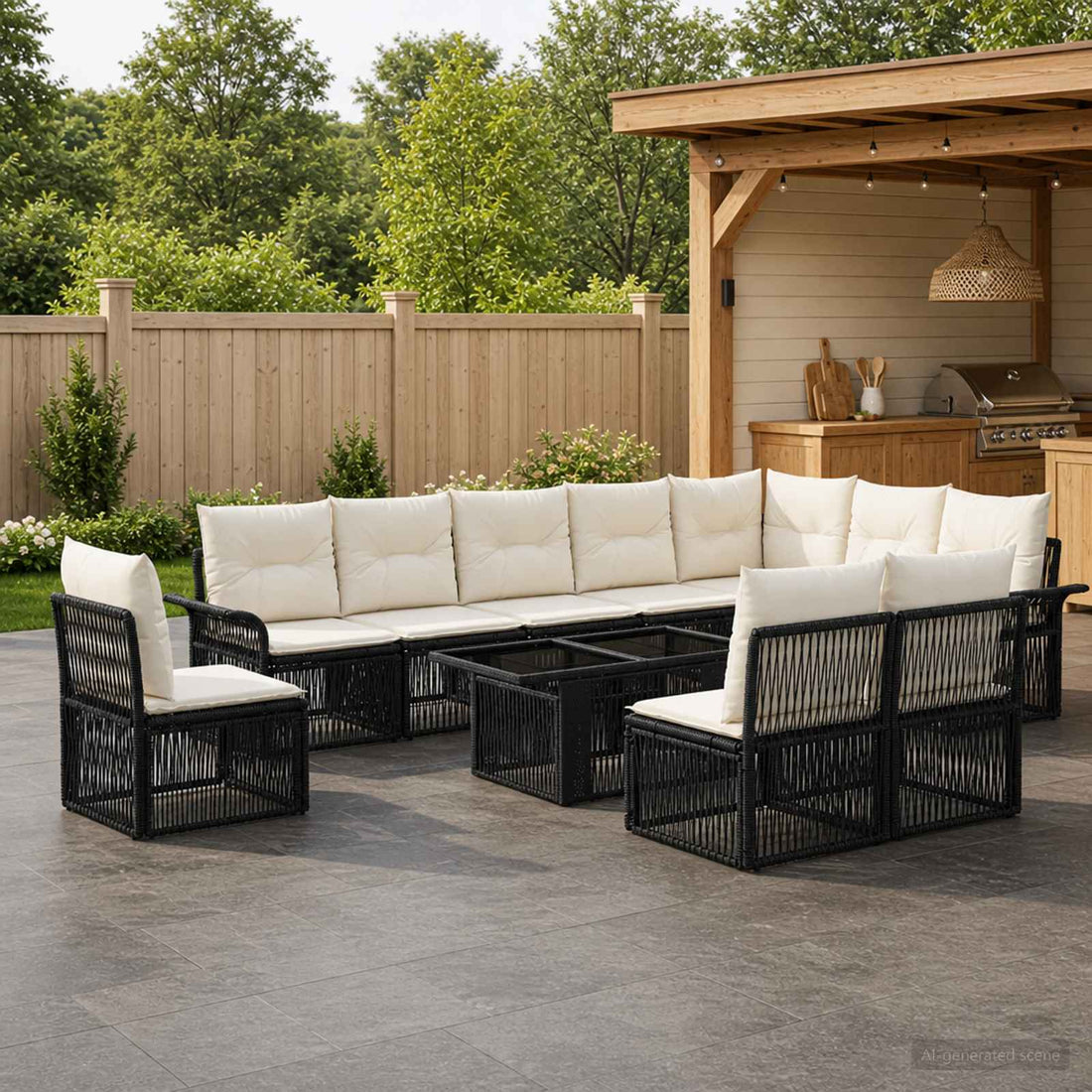 vidaXL Conjunto de sofás de jardín 11 uds. Negro y Blanco Crema
