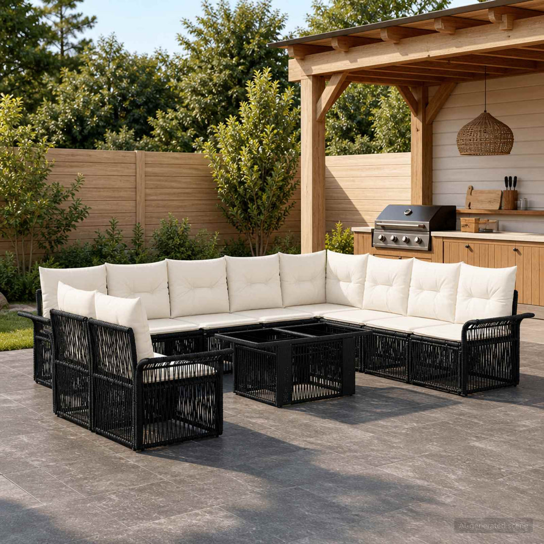 vidaXL Conjunto de sofás de jardín 11 uds. Negro y Blanco Crema