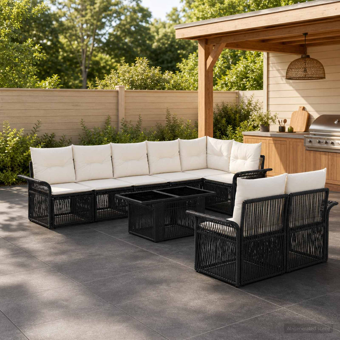 vidaXL Conjunto de sofás de jardín 9 uds. Negro y Blanco Crema