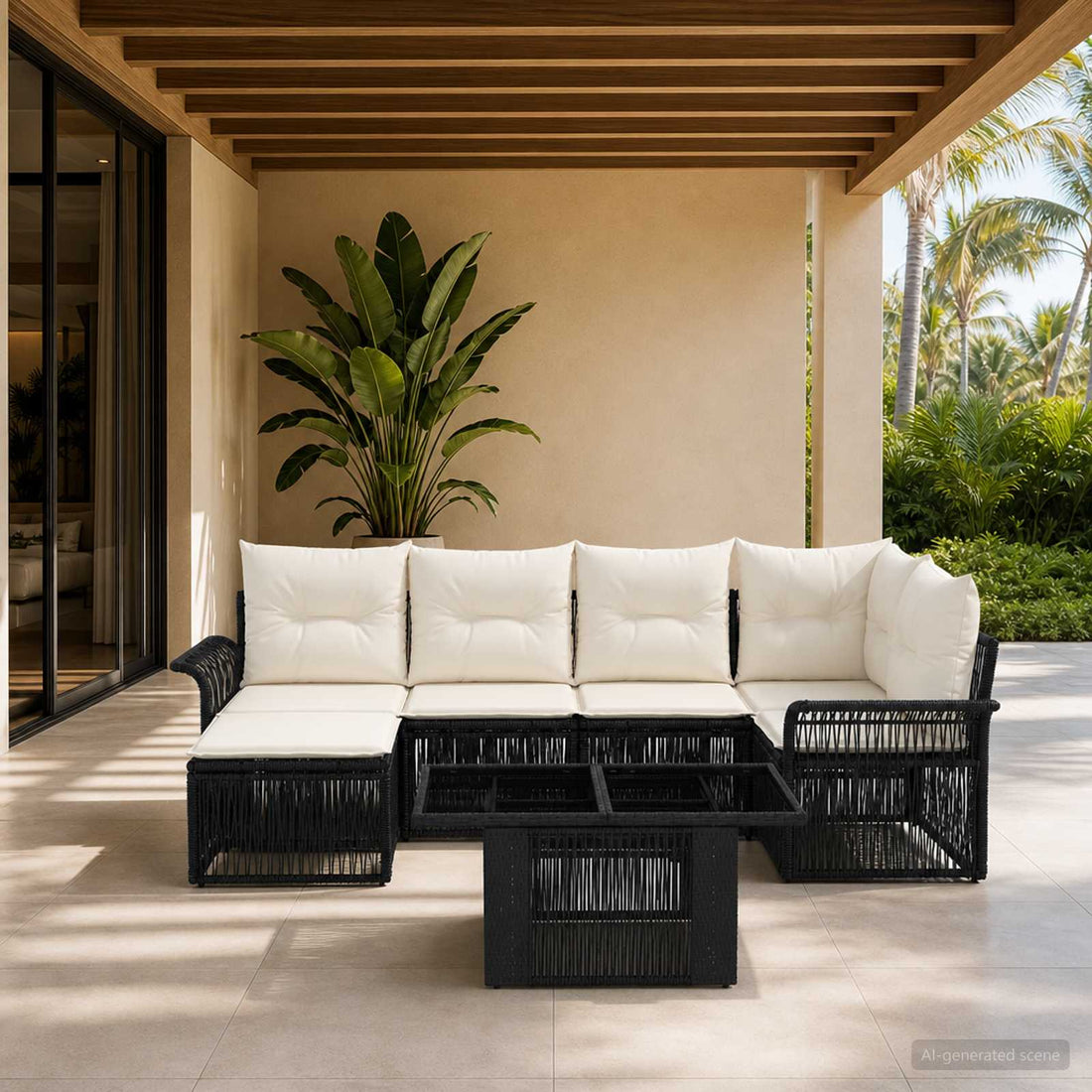 vidaXL Conjunto de sofás de jardín 7 uds. Negro y Blanco Crema